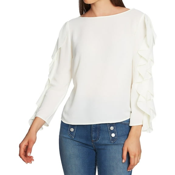 1.STATE Womens Ruffled Sleeve Cold Shoulder Blouse, Off-White, Small