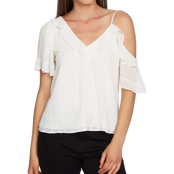 1.STATE Womens Ruffle Pullover Blouse, Off-White, Medium