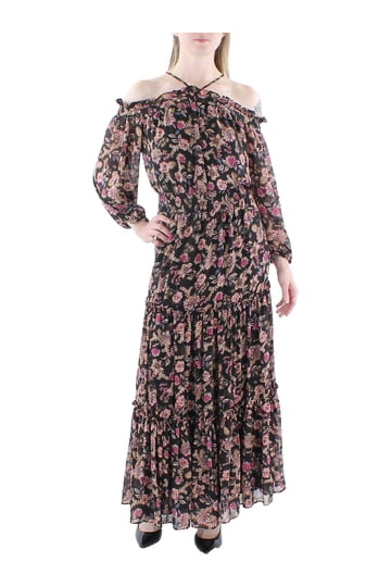 floral maxi lace dress Printed Ruffled Lace Maxi Dress YELLOW / M