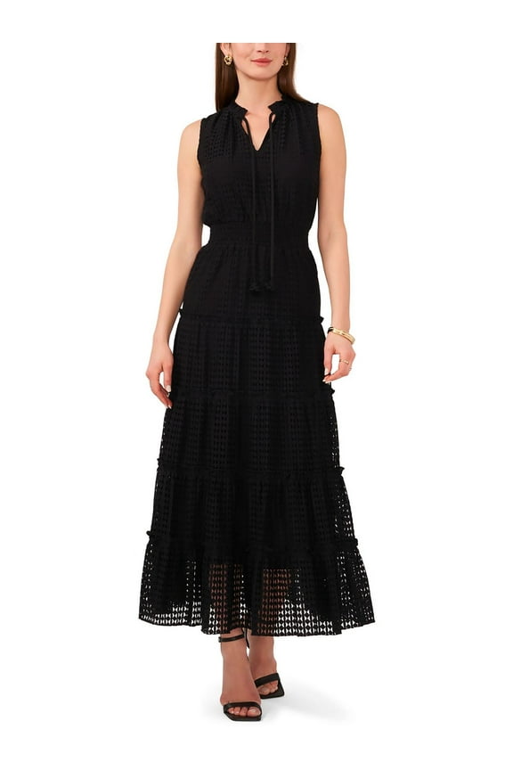 Women's Sleeveless Tie V-Neck Smocked-Waist Maxi Dress Rich Black XS