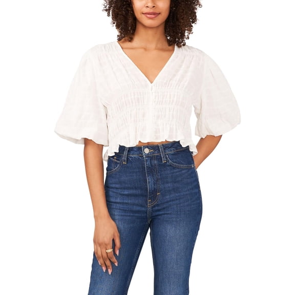 1.State Womens Puff Sleeve Smocked Cropped Ultra White XS
