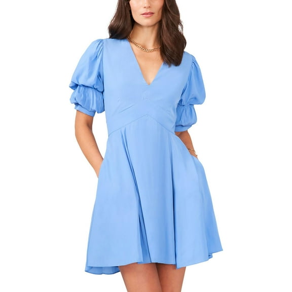 1.State Womens Puff Sleeve V-Neck Fit & Flare Dress