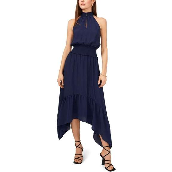 1.State Womens Smocked Neck Halter Midi Dress Peaccoat XS