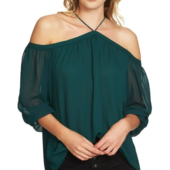 1.STATE Womens Sheer Knit Blouse, Green, X-Small