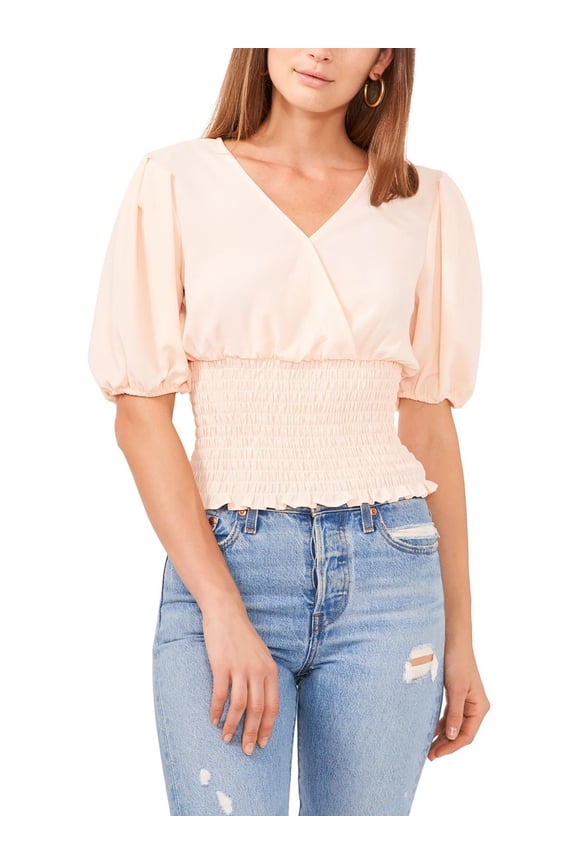 Womens V Neck Smocked Waist Top Pale Peach M M