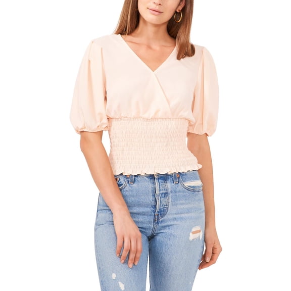 1.State Womens V Neck Smocked Waist Top Pale Peach M M