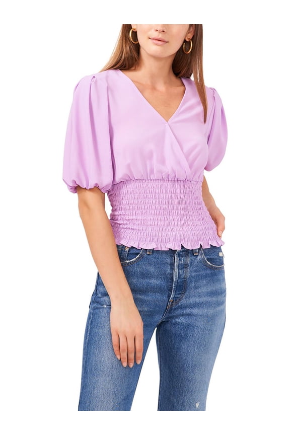 Womens V Neck Smocked Waist Top Violet Tulle XS