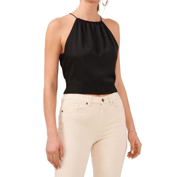 1.STATE Womens Tie Back Gathered Neck Halter Top Shirt, Black, Medium