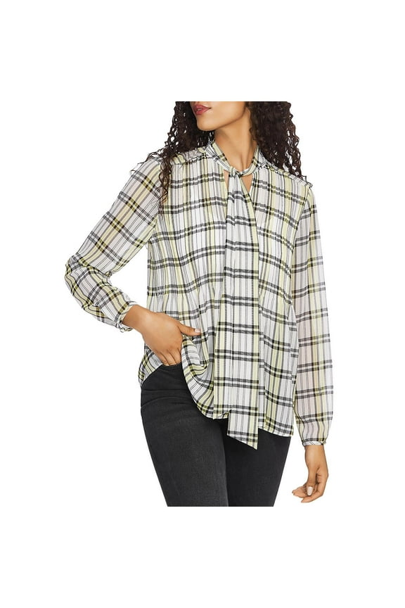 Womens Tie Neck Plaid Blouse B/W S