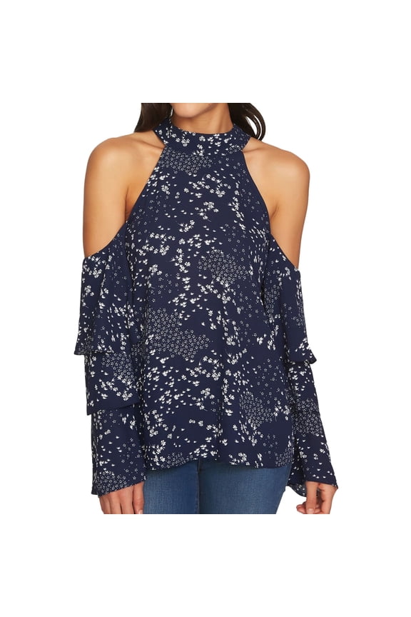 Womens Tiered Cold Shoulder Blouse Navy S