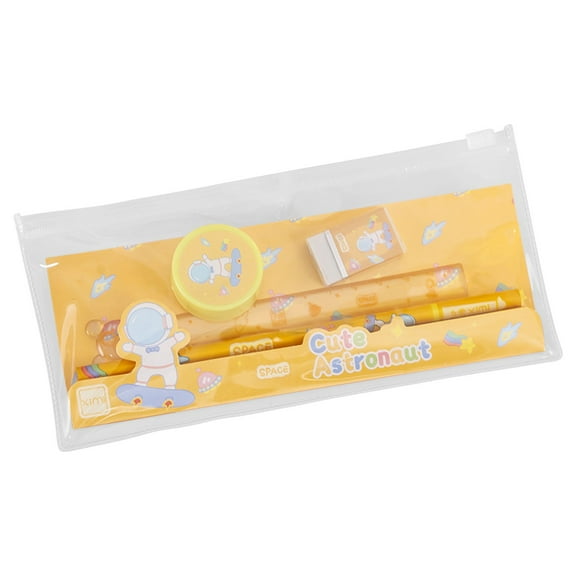 Under $1 Stationery Set , Yellow Pencil Case with Supplies, Transparent Pencil Case Study Kit Set, Includes Pencils Sharpener Eraser Ruler, Portable for Office Travel, by Goohae