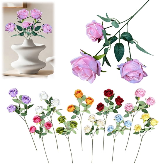1 Stem Three-Headed Artificial Rose Flower Faux Silk Rose Head Branch for Wedding Bouquet Centerpiece Hotel Home Table Decor 66cm, Clearance Pink