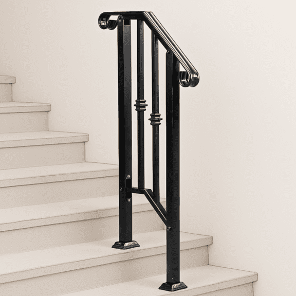 1-Step Iron Handrail for Outdoor Garden Stairs, Matte Black Powder Coated Stair Rail with Single Picket Design