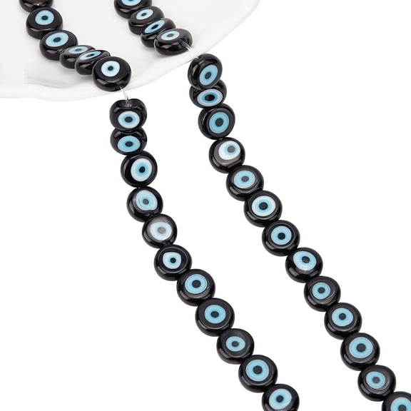 1 Strand 49 Pcs 8mm Black Flat Round Handmade Lampwork Beads Turkish Eye Charms Spacer Beads for Bracelets Necklace Jewelry Making