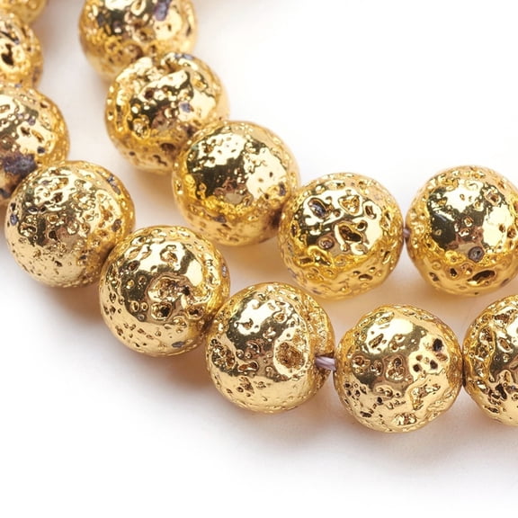 1 Strand Electroplated Natural Lava Rock Bead Strands Round Bumpy Golden Plated 10~10.5mm Hole: 1.5mm 39pcs/strand 15.35 inch(39cm)