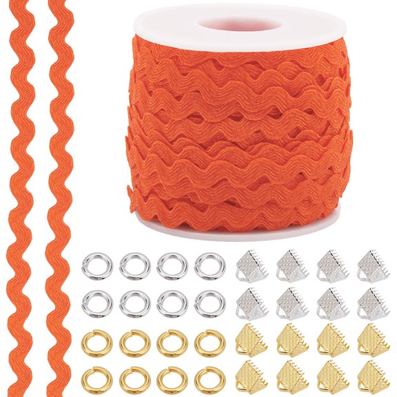 1 Strand Wave Bending Fringe Trim Sewing Ribbon with 32Pcs 2 Colors Iron Ribbon Crimp Ends and 64Pcs 2 Colors Jump Rings Orange Red