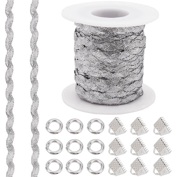 1 Strand Wave Bending Fringe Trim Sewing Ribbon with 32Pcs Iron Ribbon Crimp Ends and 64Pcs Jump Rings Gray 1/4 inch~3/8 inch(5~8.5mm)