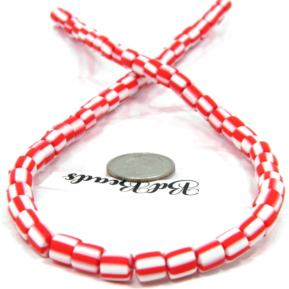 1 Strand of 60 Red & White Candy Cane Striped Polymer Clay 6mm Round Barrel Christmas Beads with Hole for Jewelry and Crafts