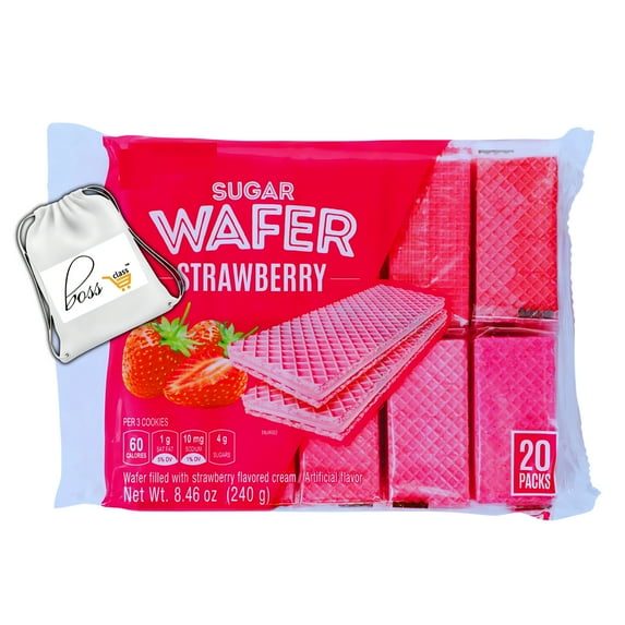 (1) Strawberry Sugar Wafers, 8.46oz - 20 Packs Total Delicious Crispy Wafer Cookies with Strawberry Cream Filling Sweet Treats Party Favors Desserts Toppings Home Office School Travel Snacks