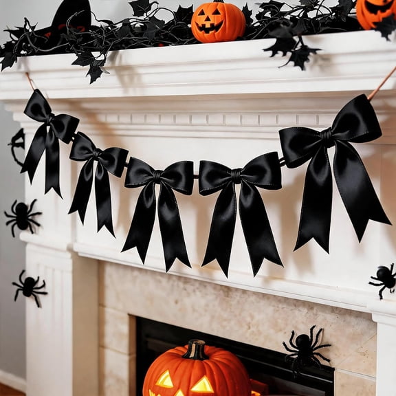 1 String Halloween Decorations, Black Bow Garland Banner Decorations, Pre-Strung Satin Ribbon Bows for Birthday, Baby Shower, Bridal Shower, Coquette Girls Room, Bow Themed Party, Wedding