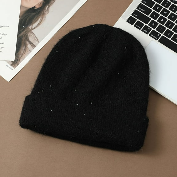 1 Style Women's Solid Color Plush Knit Hat with Sparkling Diamond Decoration, Soft and Comfortable for Autumn and Winter, Simple and Casual Brimless Hat