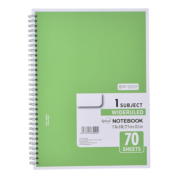 1-Subject Notebook, Spiral Notebook, College Ruled Paper, 7.87" X 10.63", 70 Sheets Per Notebook, Wide Ruled Notebook(Green)