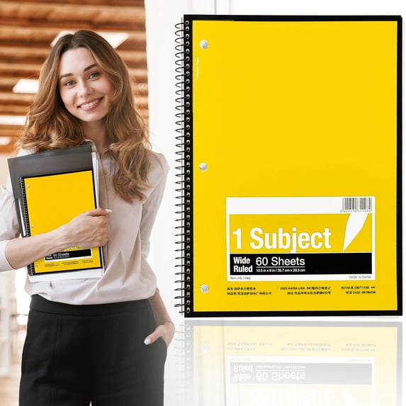 1 Subject Notebook, Wirebound, Spiral Notebook, 3 Hole Punched, Wide Ruled 60 Sheets Wire Notebooks, College Ruled Notebooks for Office Supplies, Classroom Must Haves, Yellow