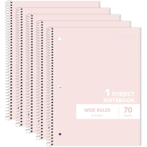 1 Subject Spiral Notebook, 5 Pack, Wide Ruled, 7-1/2" x 10-1/2", 70 Sheets, 3-Hole Punched Paper for Students, Teachers, Classrooms,