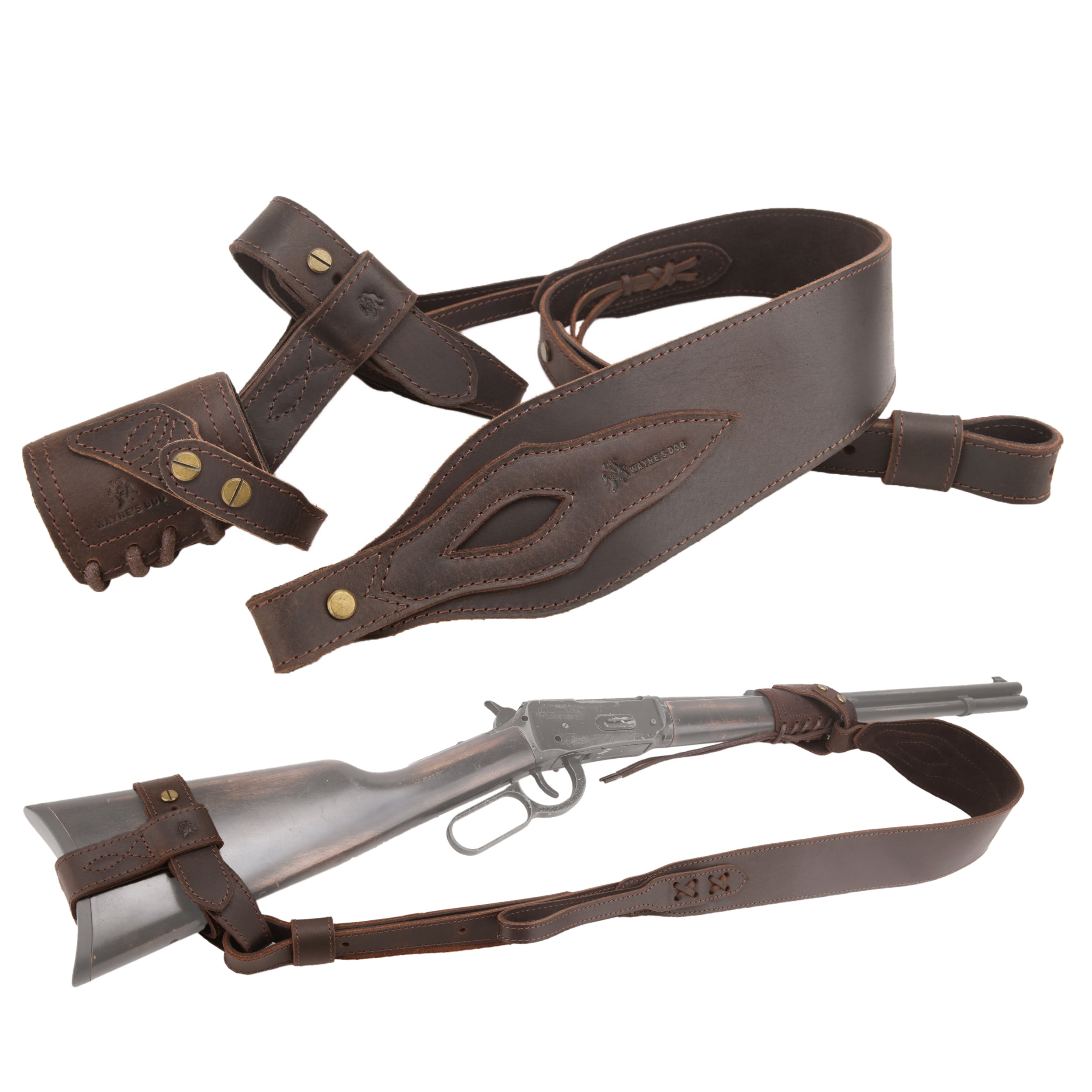 1 Suit Full Leather Rifle No Drill Harnessed Buttstock Holder Cover , Barrel Mount with Leather Gun  Sling
