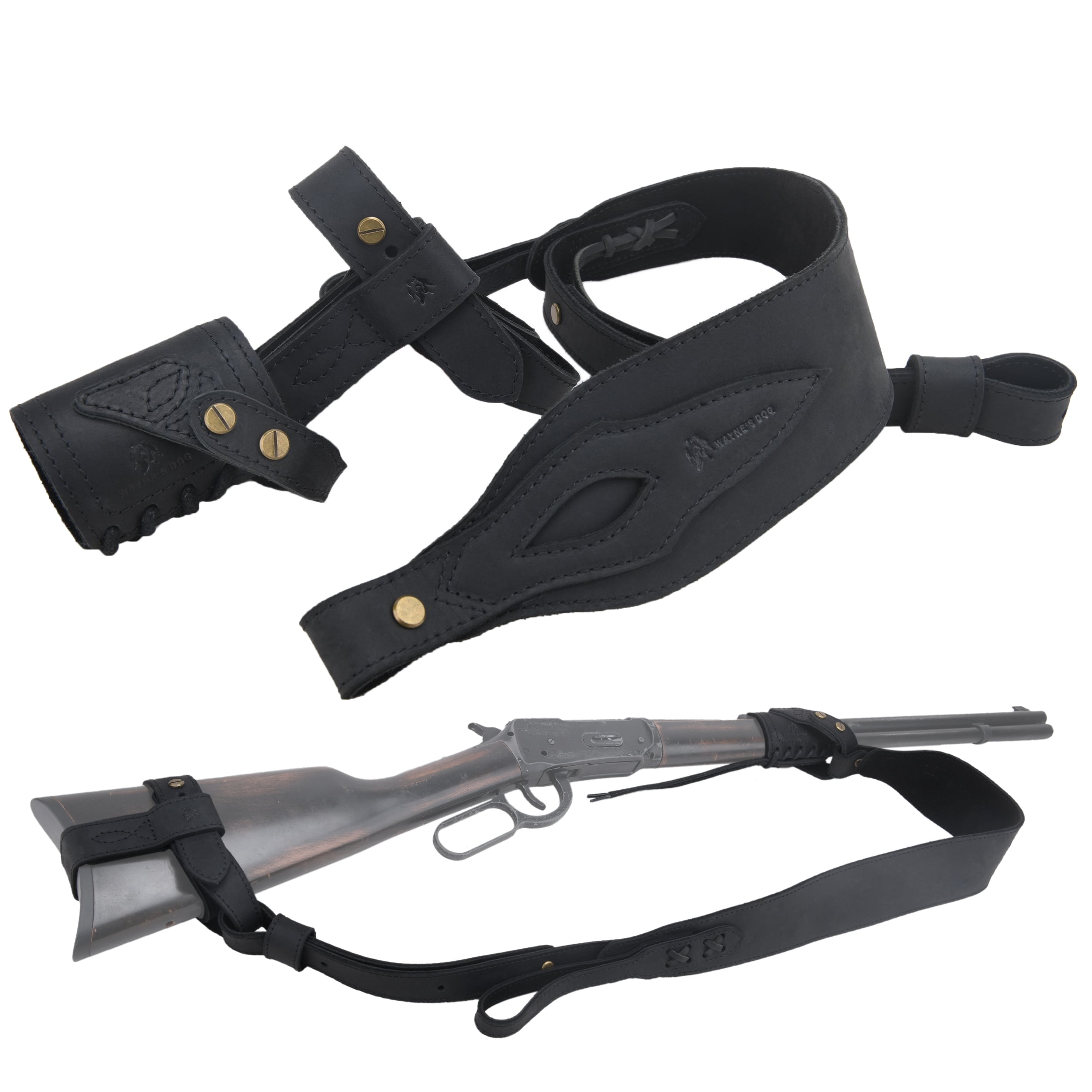 1 Suit Full Leather Rifle No Drill Harnessed Buttstock Holder Cover , Barrel Mount with Leather Gun  Sling