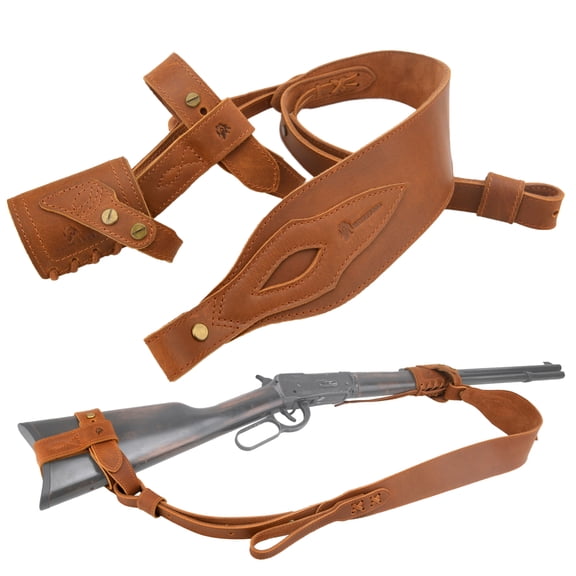 1 Suit Full Leather Rifle No Drill Harnessed Buttstock Holder Cover , Barrel Mount with Leather Gun  Sling