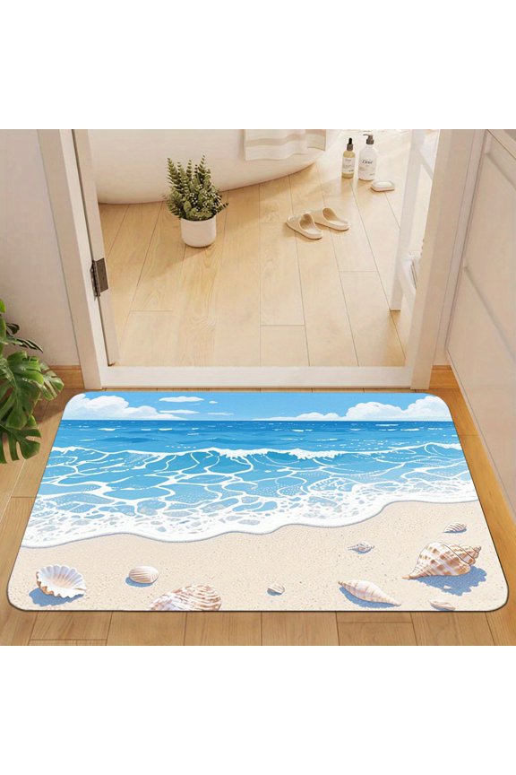 1 Summer Beach Theme Non-Slip Mat - High-definition blue wave and seashell pattern, machine washable polyester material, suitable for bathrooms, bedrooms, living room entrances, camping.