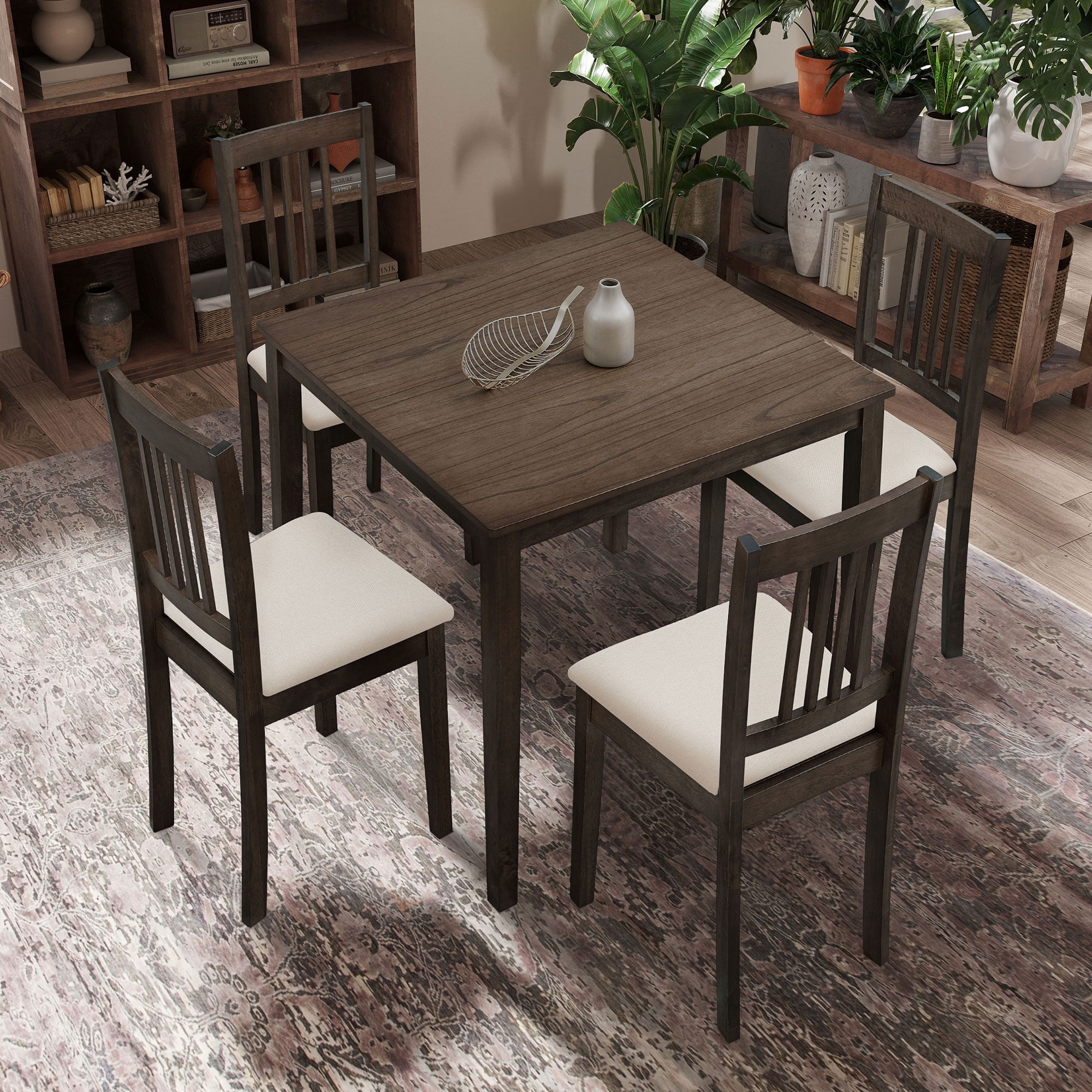 1 Table with 4 Chairs, Wooden Dining Table Set, Mid Century Modern Square Wooden Kitchen Table ...
