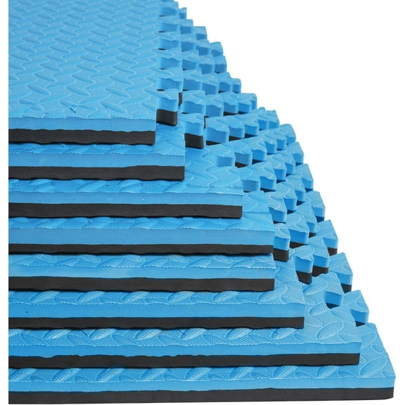 1 in Thick 48 Sq Ft EVA Foam Exercise Gym Mats 12 Pcs - Interlocking Puzzle Floor Tiles for Home Gym Heavy Workout Equipment Flooring - 24 x 24in Tile, Black & Blue