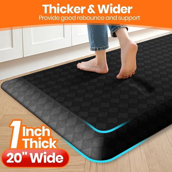 1" Thick Black Anti-Fatigue Kitchen Mat - Non-Slip Heavy Duty Waterproof, Standing Desk Mat for Home, Office & Xmas Decor Gifts