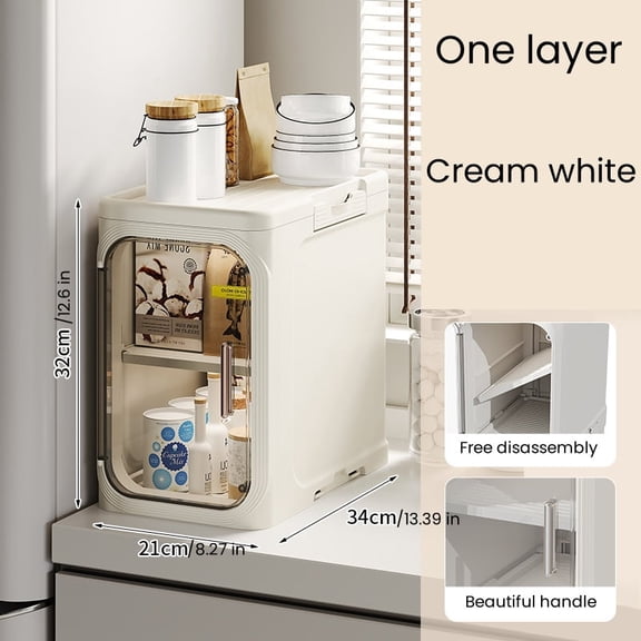 1-Tier Bathroom Storage Cabinet, Adjustable Shelves, Magnetic Doors, Plastic Slim Bathroom Organizers and Storage for Small Spaces, Kitchen, Laundry Room, Cream White