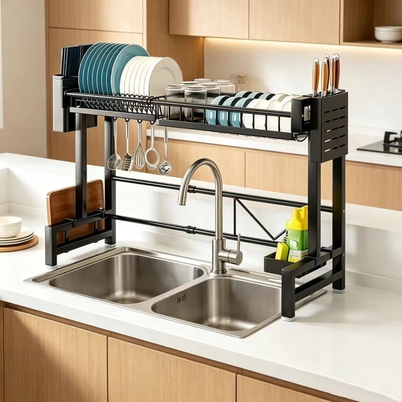 1-Tier Countertop Dish Rack and Drain Rack, Adjustable Kitchen Sink Shelf, Dish Holder, Drain Rack, Black Kitchen Storage Rack
