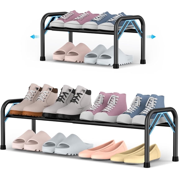 1-Tier Expandable Shoe Rack for Closet Floor, Λ-Frame - Black | Metal Small Shoe Rack for Entryway, Adjustable Shoe Shelf Organizer, Free Standing Shoe Racks for Front Door Entrance, Garage