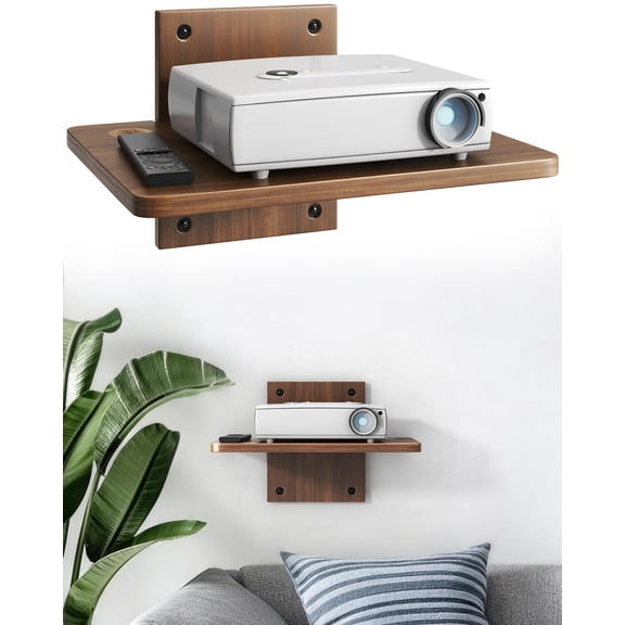 1 Tier Floating TV Projector Shelf Wall Mount Walnut Brown Wood Rack with Cable Management
