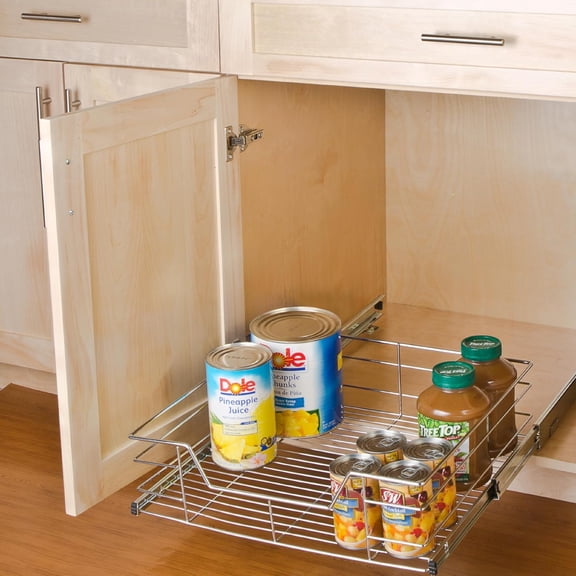 1-Tier Shelf Pull-Out Cabinet Organizer - Extra Large Tall - Roll-Out Extendable Sliding Drawer - Steel Metal - Kitchen (20 Inch x 18-35) [Chrome]
