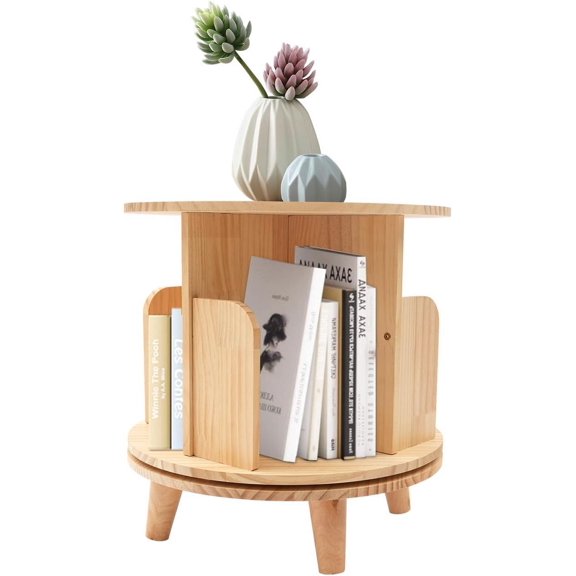 1 Tier Solid Wood Rotating Bookshelf, 360 Display Floor Standing Bookcase Storage Rack Round Portable Spinning Bookshelf for Bedroom Living Room Home Office (1 Tier)
