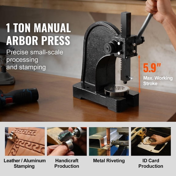 1 Ton Heavy Duty Cast Iron Manual Benchtop Press 5.9 Inch Maximum Height Precision Hand Press for Stamping Bending Stretching Forming