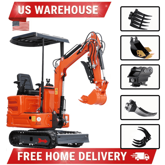 1 Ton Mini Excavator, 13.5HP B&S Gas Engine, 5-in-1 Attachments, 2025 Upgraded Model with No Bending Design, Free USA Delivery, Wooden Crate Pack for Landscaping & Garden Work