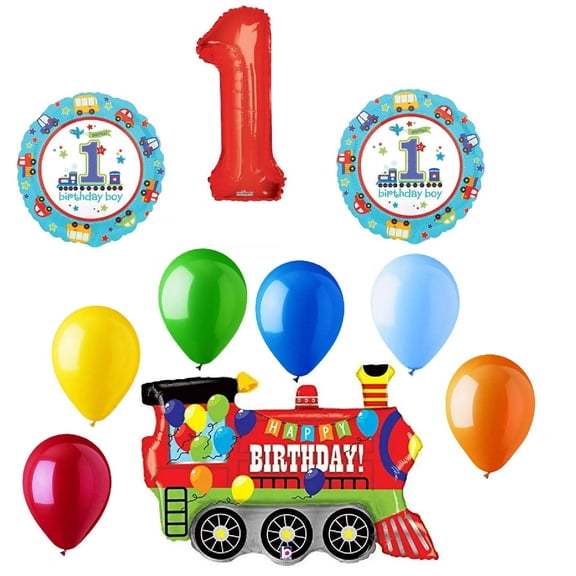#1 Train Choo Choo 10 Piece Happy 1st Birthday Mylar and Latex Balloons Set