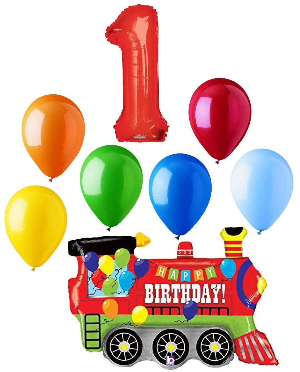 KALEDISCOPE, BETALLIC AND QUALATEX #1 Train Choo Choo 8 Piece Happy 1st Birthday Mylar and Latex Balloons Set