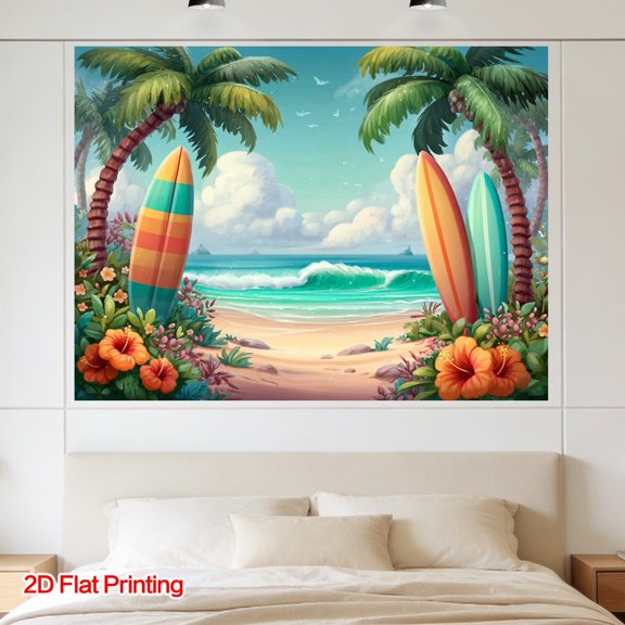 1 Tropical Beach Surfboard Tapestry. Featuring a design of surfboards and various patterns, crafted from polyester fabric, and suitable for use in dormitories, bedrooms, parties, and outdoor settings