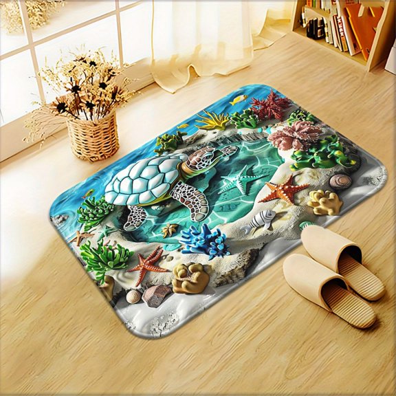 1 Turtle and Coral Reef Print Doormat - Rectangular Flannel Rug, Machine Washable, Lightweight Polyester, Suitable for Outdoor Porch, Kitchen, Living Room, Bathroom or Office Decor.