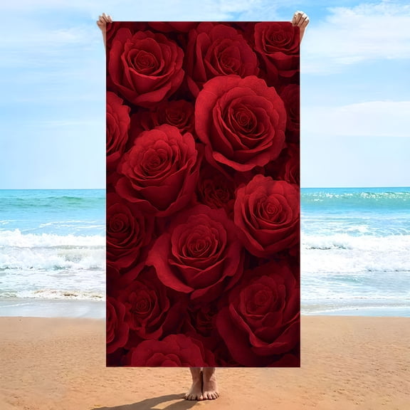 1 Valentine's Day oversized beach towel - soft microfiber, romantic red rose floral design, large rectangular unisex towel, suitable for swimming, travel, camping
