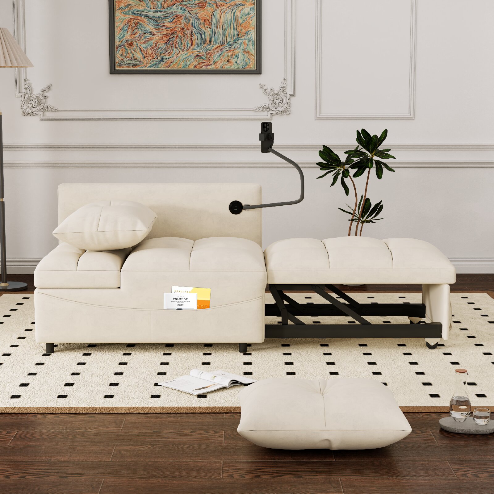 Modern sofa velvet pull-out bed,Independently removable backrest, have USB port and swivel phone stand ,beige