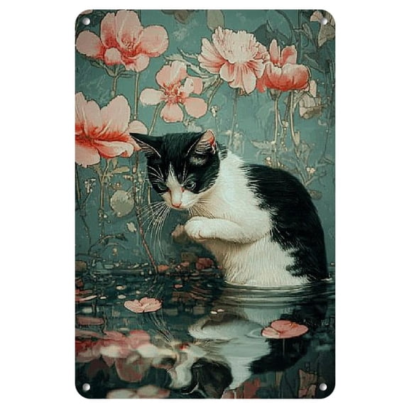 1 Vintage Cat with Lotus Pond Metal Tin Plaque - Decorative Iron Wall Art for Homes, Bars, Cafes, Restaurants, Garages - 8X12 Inch Vintage Plaque